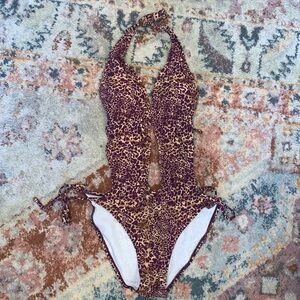 Beach Joy Cut Out Purple Leopard Print Halter One Piece Swimsuit Beach small